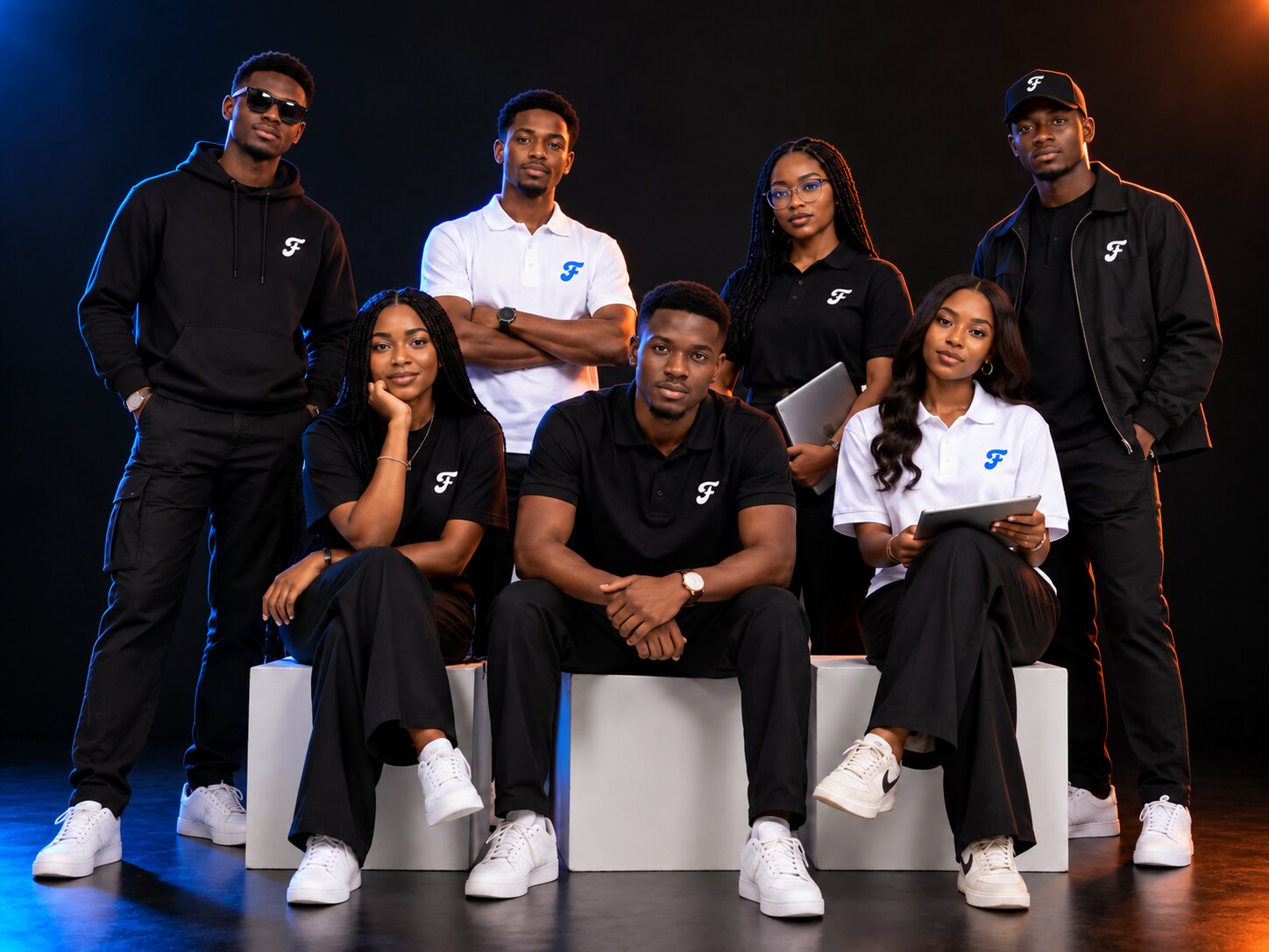 The Flowset System team in branded black and white kit, lit blue and amber on a dark studio set.